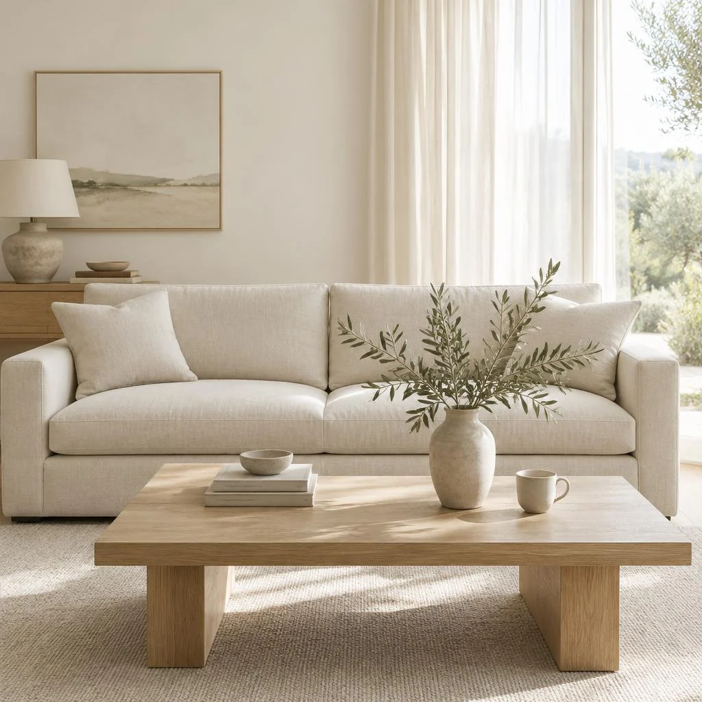 A neutral cream couch without a blanket, room styling inspiration
