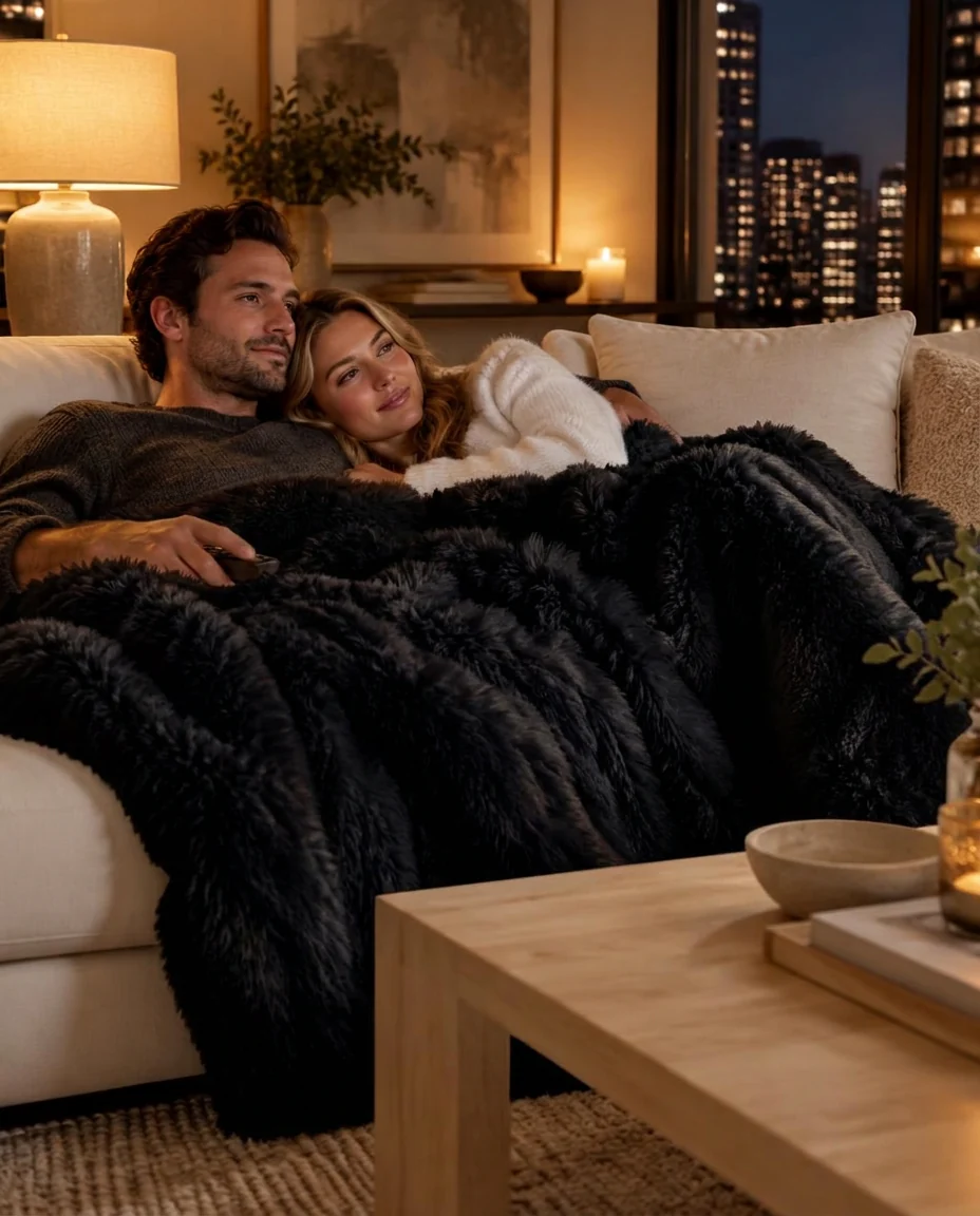 A couple sharing a black blanket on a cozy movie night