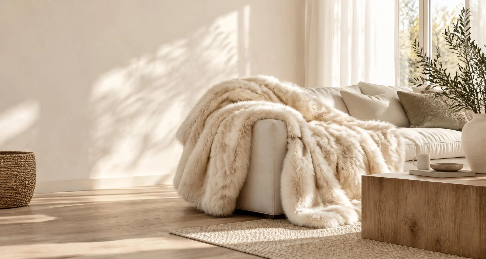Ultra-plush ivory Dreamer Blanket draped naturally across a cream sofa in a sunlit home